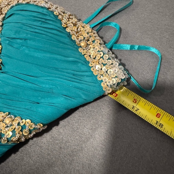 May Queen Teal One Shoulder Dress with Gold Detailing - Picture 6 of 12